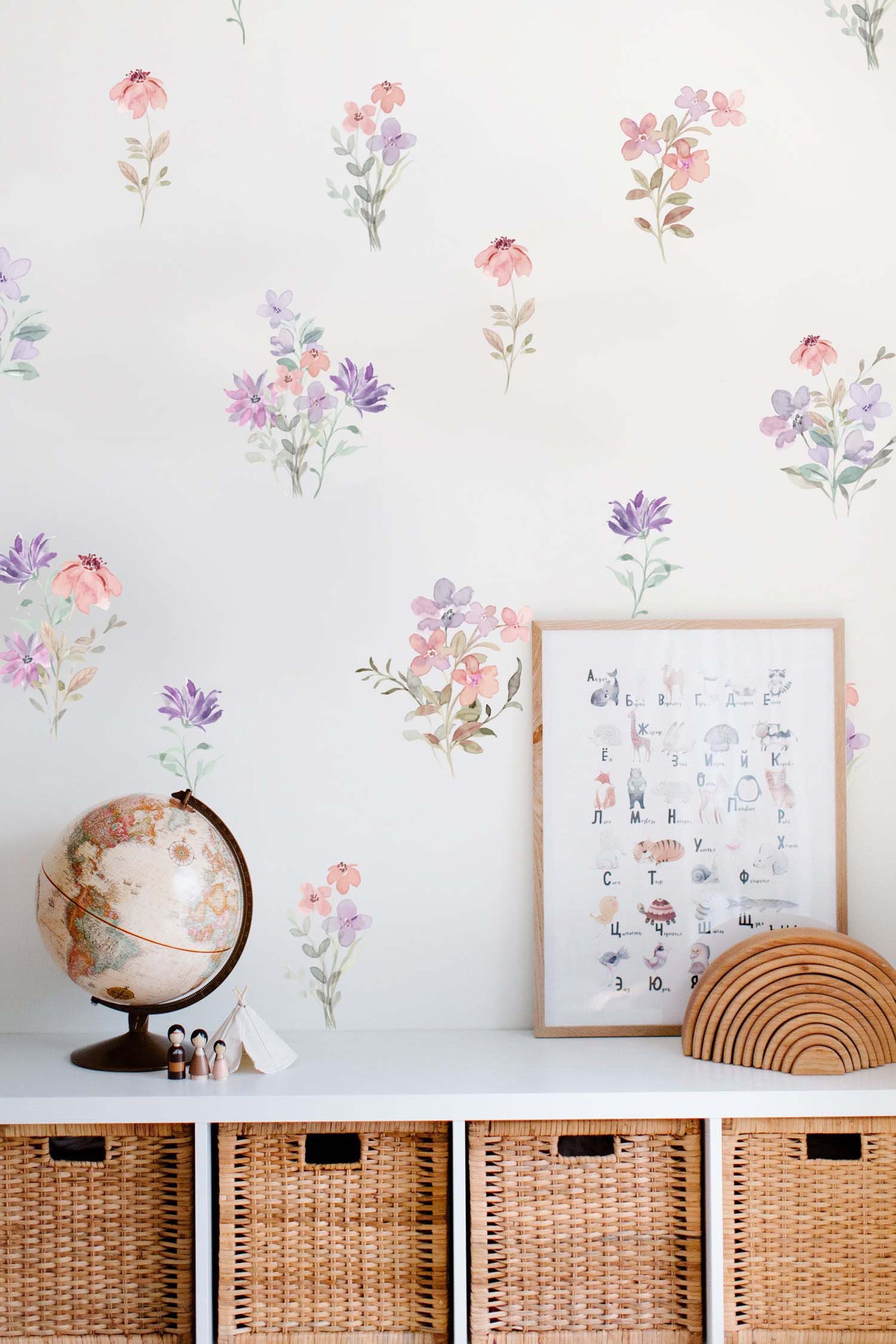 Watercolor Flower Pink Violet Greenery Wall Decals Nature Sticker Boho ...