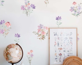 Aquarell Blumen Rosa Violett Grün Wandtattoo Natur Sticker Boho Kinderzimmer Blätter Blumen Zimmer Dekoration,LF475