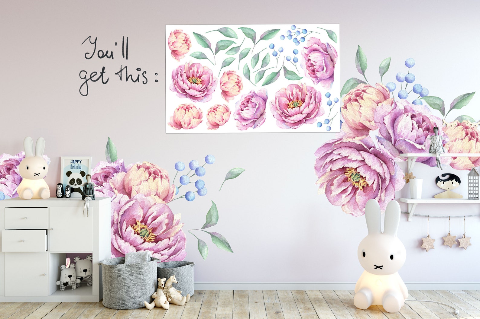 Watercolor Peonies Wall Decal, Peony Wall Decal, Large Pink Flowers ...