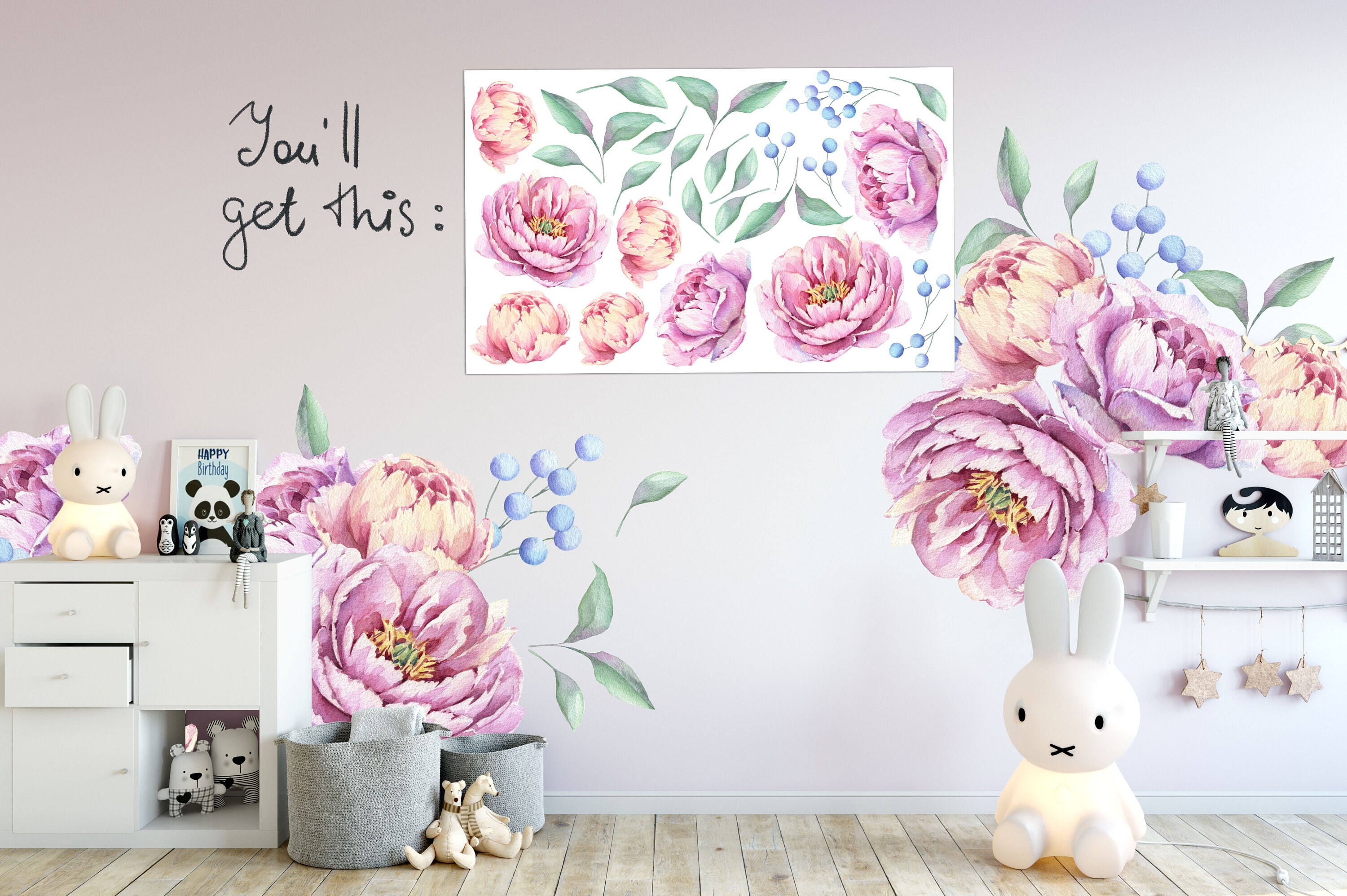 Watercolor Peonies Wall Decal, Peony Wall Decal, Large Pink Flowers ...