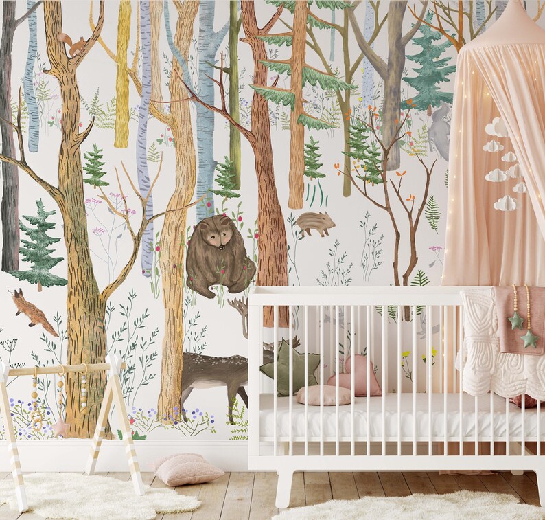 Forest Animals Wallpaper Woodland Beige Calm Nursery Peel and Stick ...