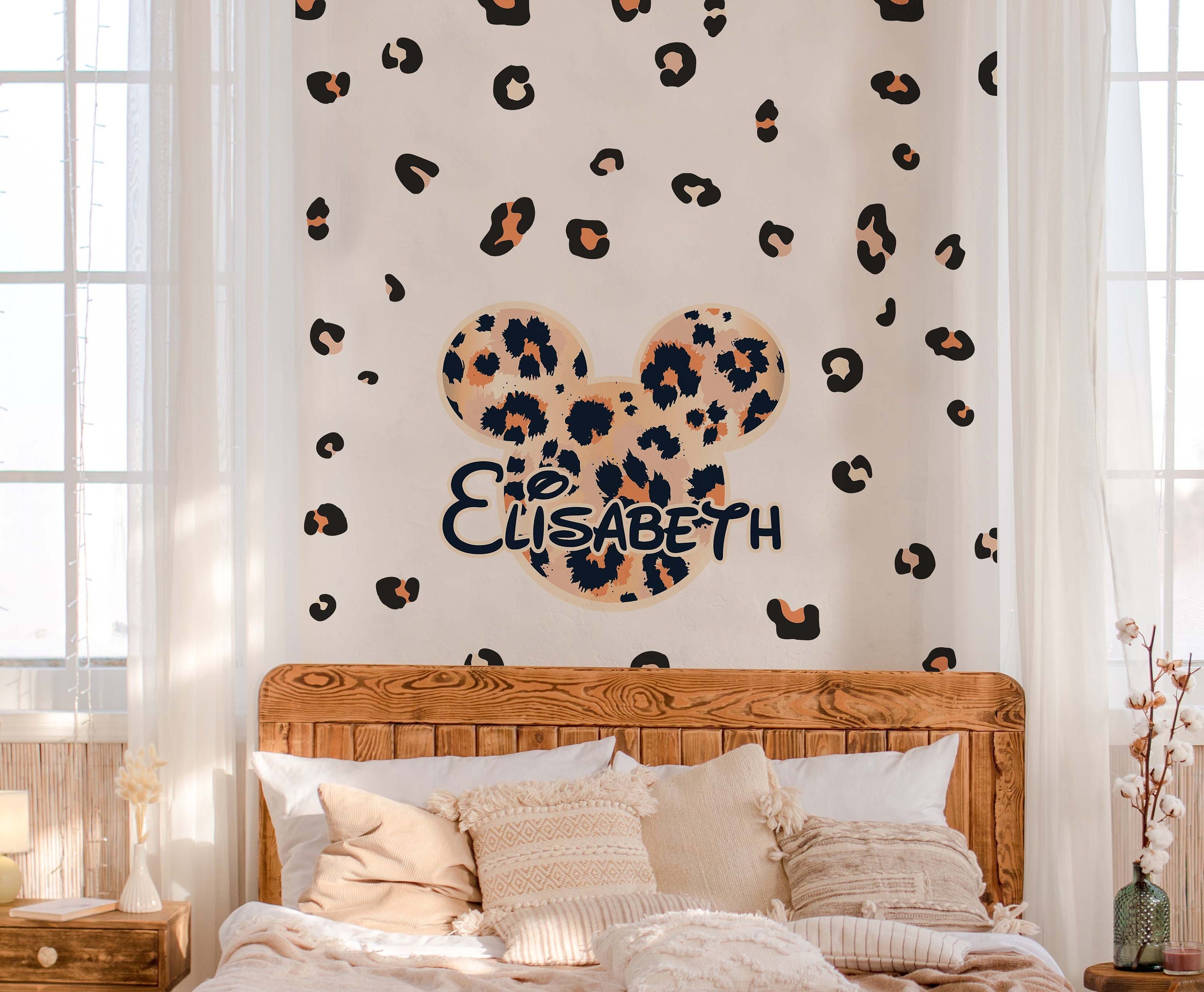 Custom Name Leopard Spots Mickey Head Wall Decal Nursery Stickers, LF447