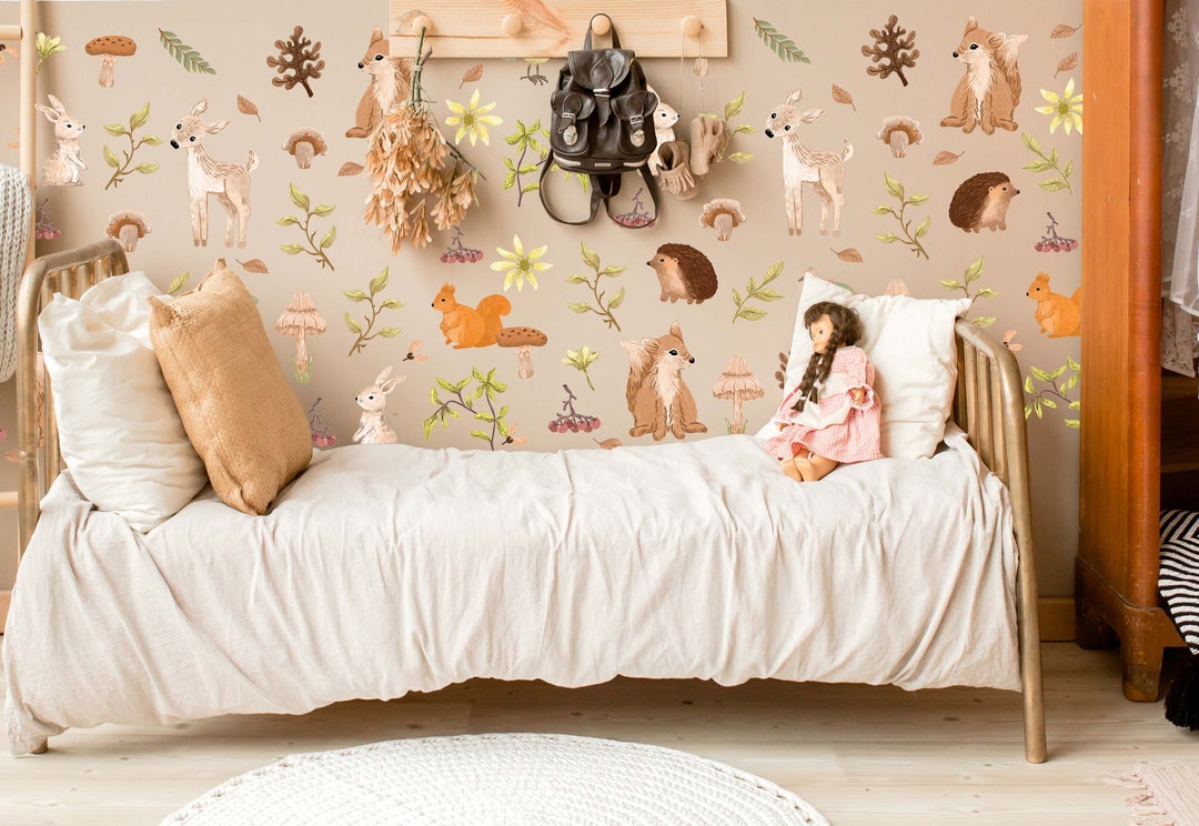 Forest Animals Nursery Wall Decals Watercolor Woodland Stickers Leaves ...