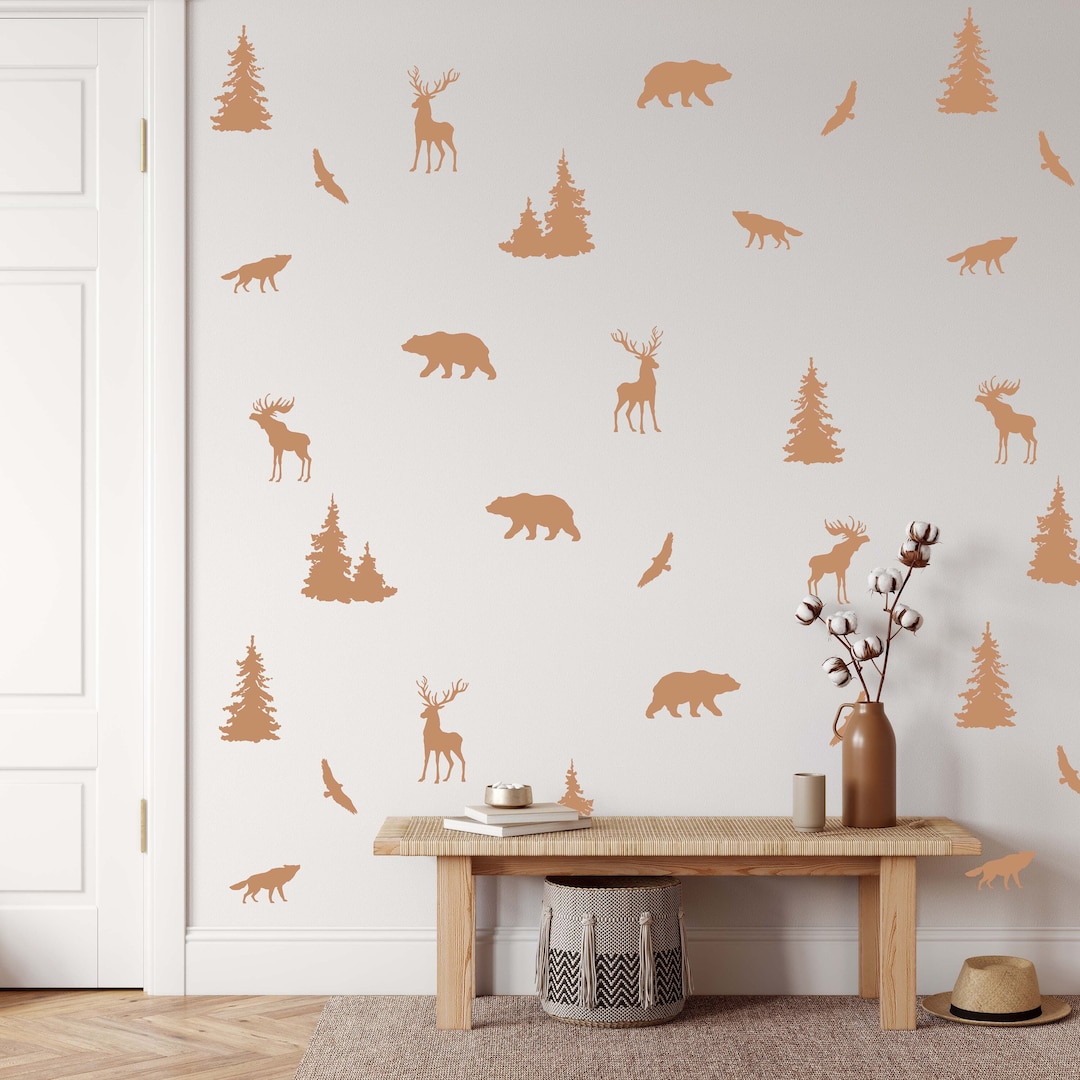 Woodland Forest Animals Wall Decals Stickers Bear Deer Wolf Pine Tree ...