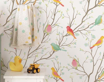 Bäume und Vögel Tapete Skandinavisches Schälen und Kleben Buntes entfernbares selbst klebendes botanisches Wandbild Hauptdekor-Wandkunst Greenery, NW25