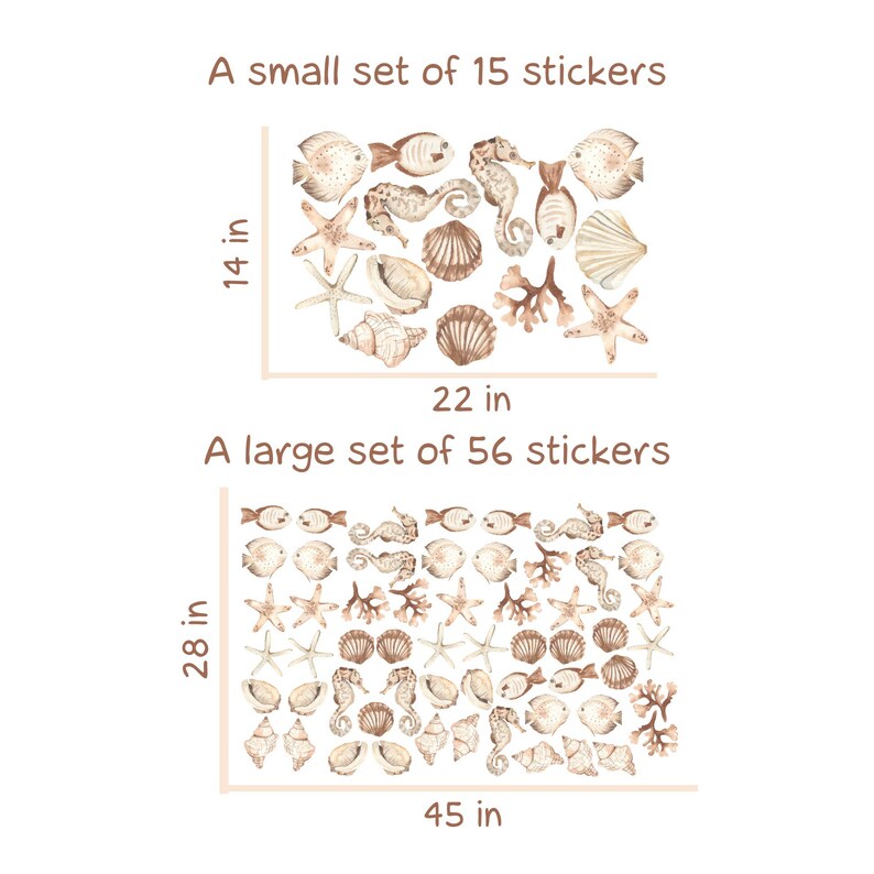May include: Two sets of watercolour stickers featuring seashells, starfish, seahorses, and coral. The smaller set contains 15 stickers and measures 14 inches by 22 inches. The larger set contains 56 stickers and measures 28 inches by 45 inches.