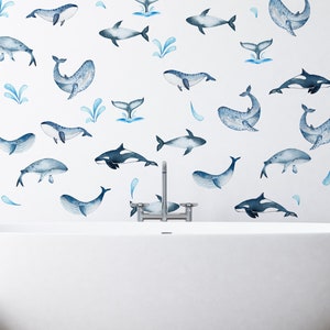 Watercolor whales wall decals, Sea life stickers set for kids room decoration LF074