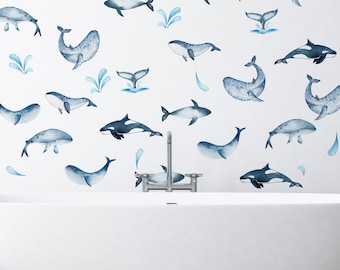 Watercolor whales wall decals, Sea life stickers set for kids room decoration LF074