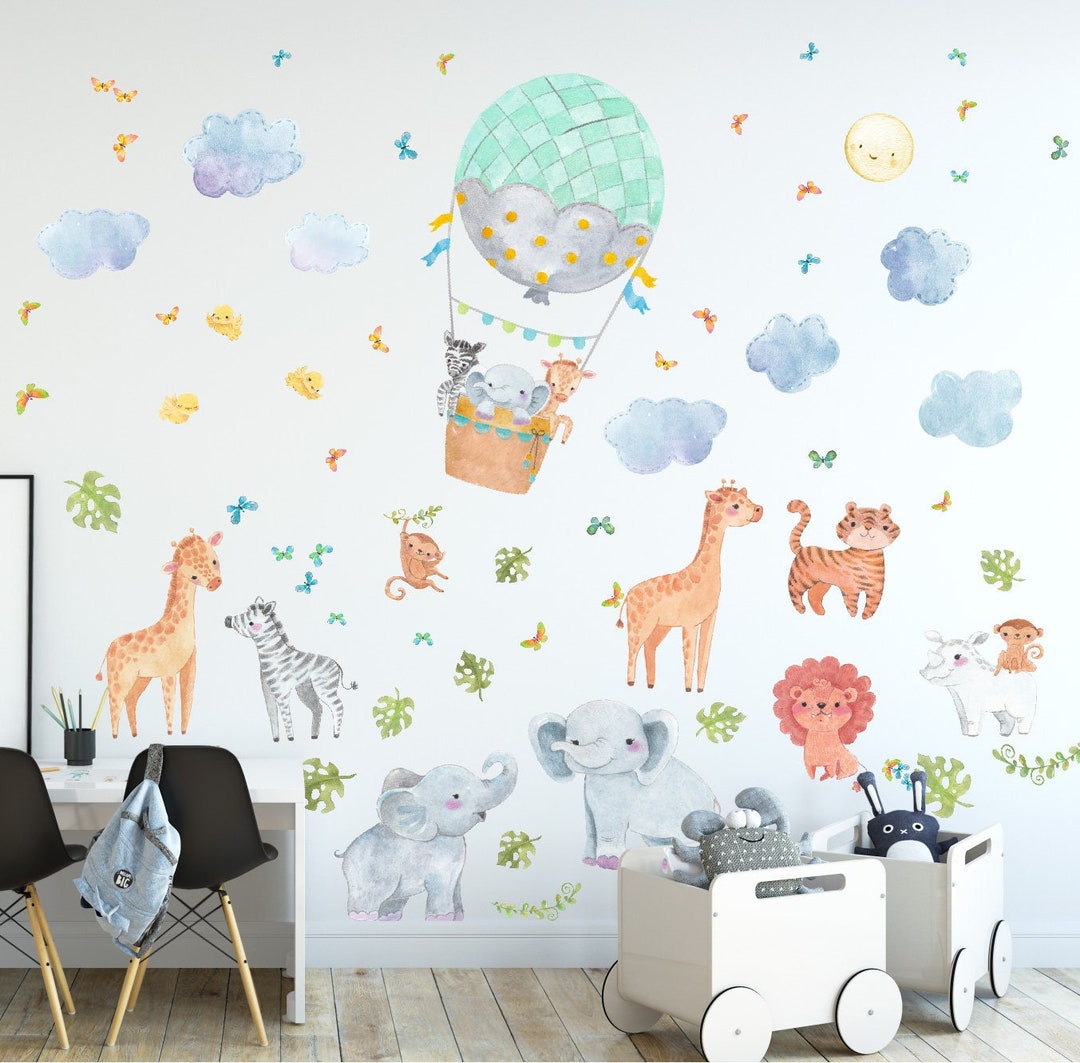 Jungle Animals Hot Air Balloon Wall Decals Safari Clouds Birds, LF189 ...