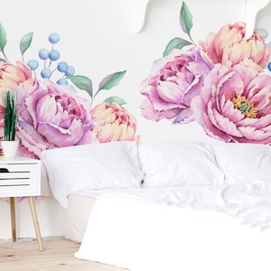 watercolor peonies wall decal, peony wall decal, large pink flowers wall stickers for room decoration, nursery decor LF196