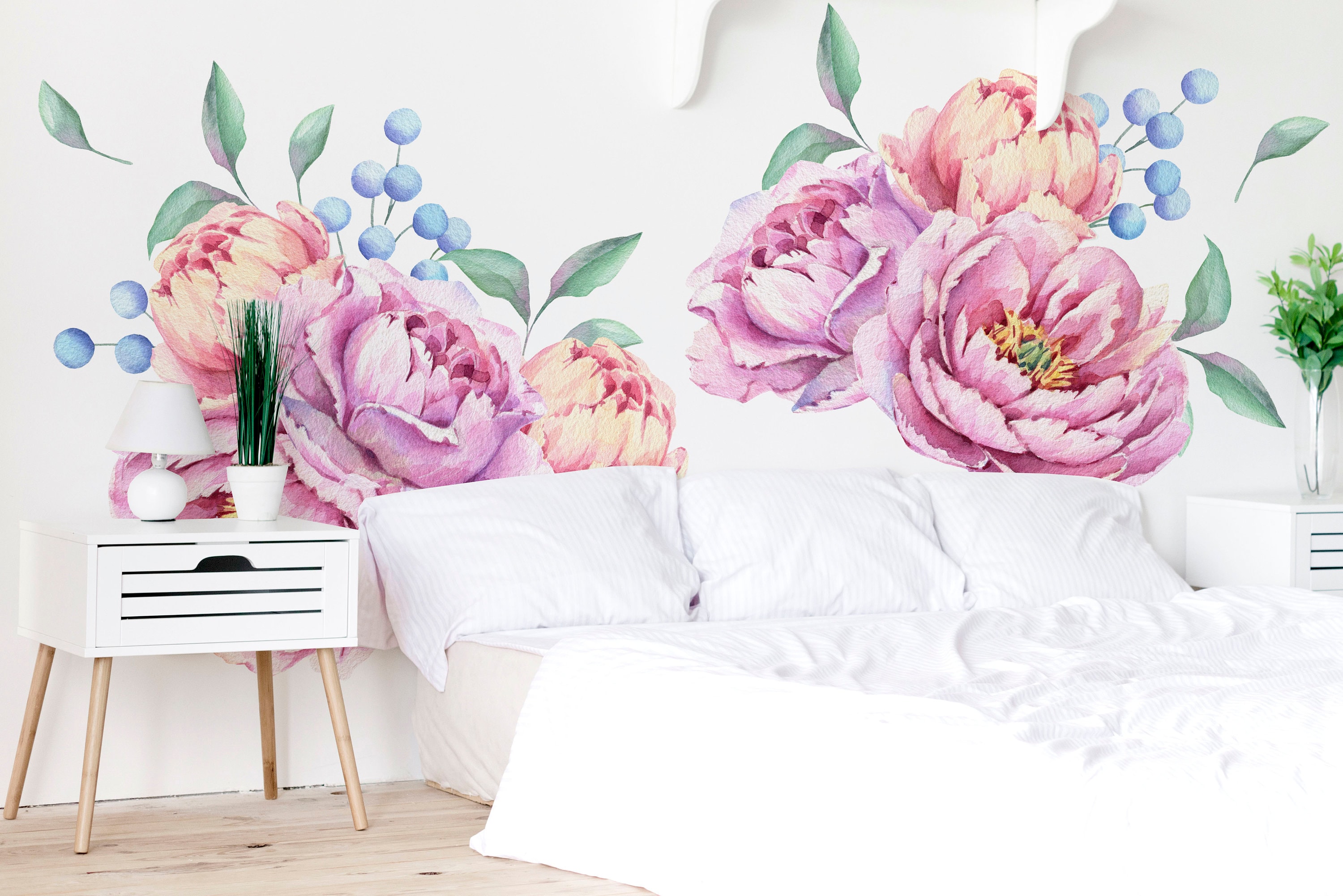 Watercolor Peonies Wall Decal, Peony Wall Decal, Large Pink Flowers ...