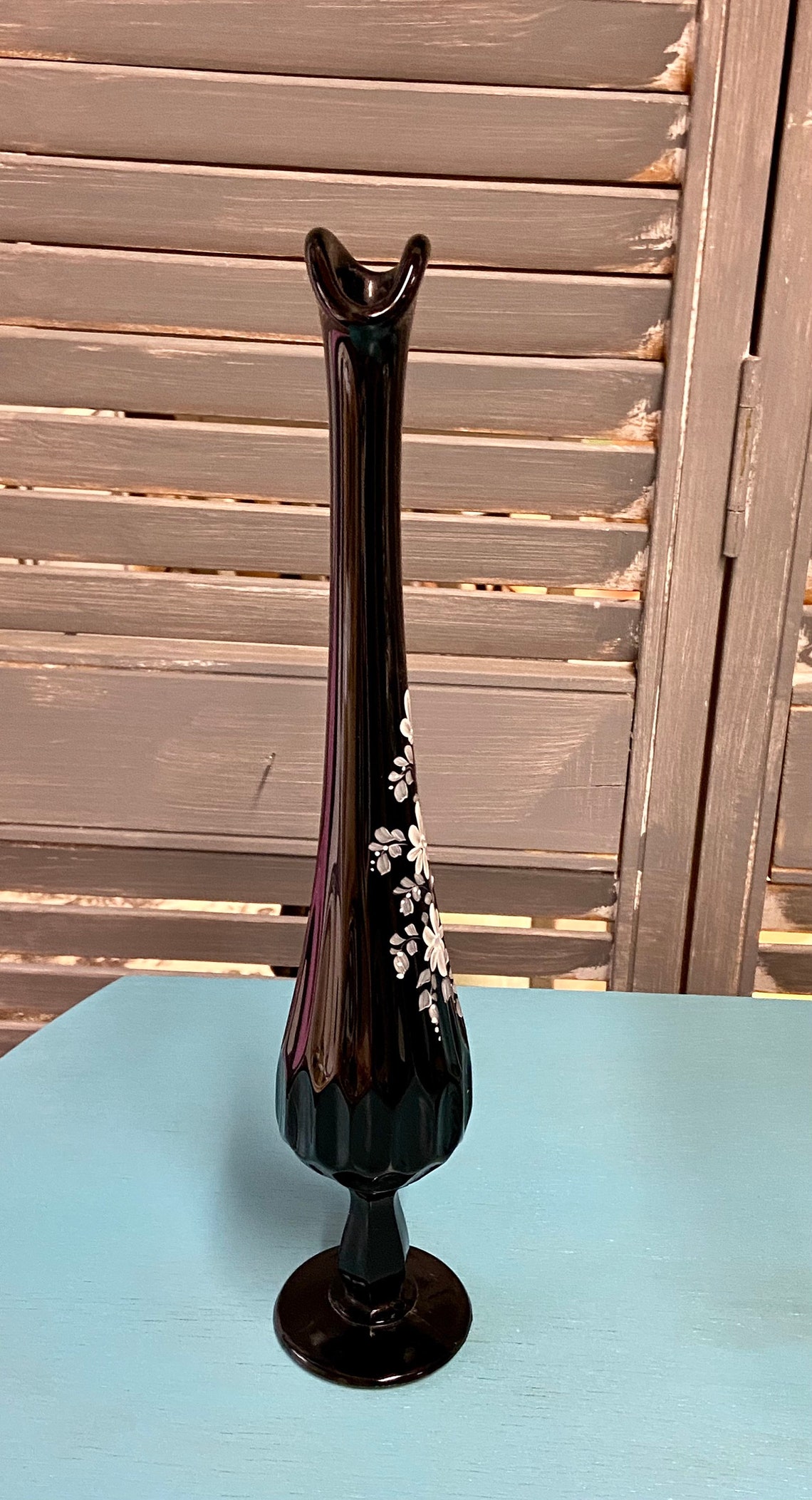 Fenton Black Swung Vase Hand Painted Fenton Black Amethyst Bud Etsy