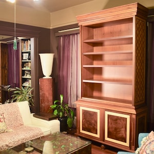 Large Handmade Parquetry Library Bookcase - Handmade Honduran Mahogany Display Cabinet - Parquetry Furniture - Mahogany Crotch Furniture