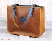 Light Brown and Blue Leather Tote Bag that fits A4, Big Designer Minimalist Shoulder Bag, Handcrafted Leather Tote -  AVIA by Vericone
