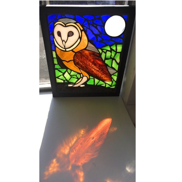 Barn Owl Stained Glass Mosaic Art Panel in Frame - 8 x 10 inches - bird of prey