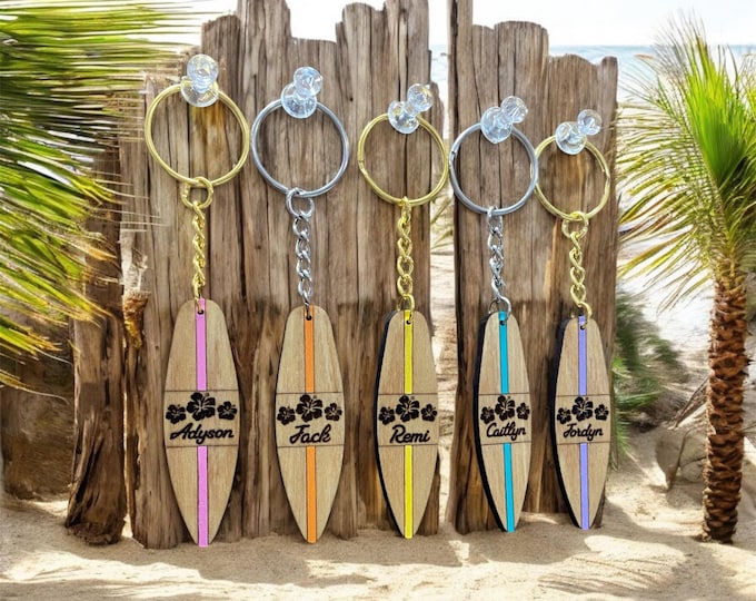 Personalized Surfboard Name Hibiscus Keychain, Laser Engraved Custom Summer Beach Inspired Y2K Style Gift