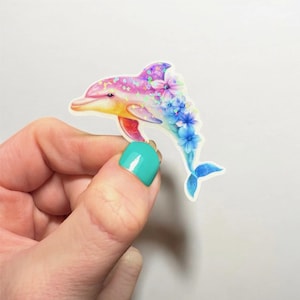 Flower Dolphin Holographic Rainbow Sticker for Water Bottle, Laptop, Notebook, Phone Case | Ocean Animal Sticker | Beach Sticker