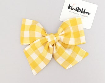 Yellow Gingham Bow, Girl Hair Bow, Toddler Hair Bow, Baby Hair Bow, Mommy & Me Scrunchies