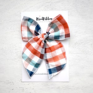 Coral + Blue plaid Bow • Scrunchie • Knot Headband • Mini Me Hair Accessories