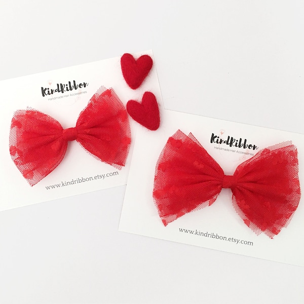 Red Hearts Tulle Bow, Valentine's Day Bow, Baby Valentine's Day Headband, Girl Hair bow, Toddler Hair Bow, Baby Hair Bow