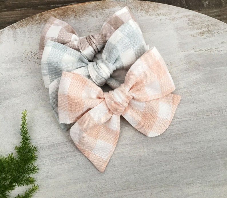 Light Peach Gingham Bow Clip or Headband Schoolgirl Hair Bow Baby Hair Bow Neutral Color Gingham Bow Gingham Check Bow