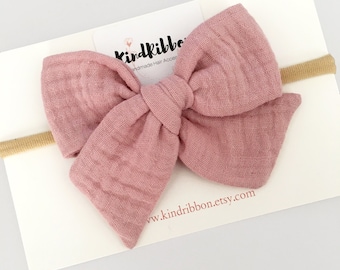 Dusty Pink Gauze Bow, Double Gauze Hair Bow,  Baby Hair Bows, Girl Hair Bows