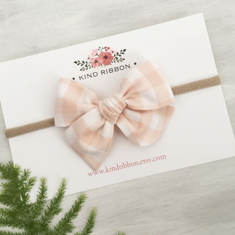 Light Peach Gingham Bow Clip or Headband Schoolgirl Hair Bow Baby Hair Bow Neutral Color Gingham Bow Gingham Check Bow
