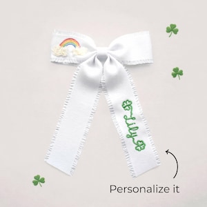 Personalized St. Patrick's Day Hair Bow – Embroidered Rainbow Shamrock Tail