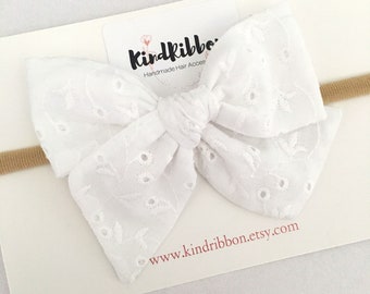 White Eyelet Hair Bow [ 6 Sizes ] Eyelet bow headband, White Hair Bow, Baby Hair Bow, Toddler Hair Bow