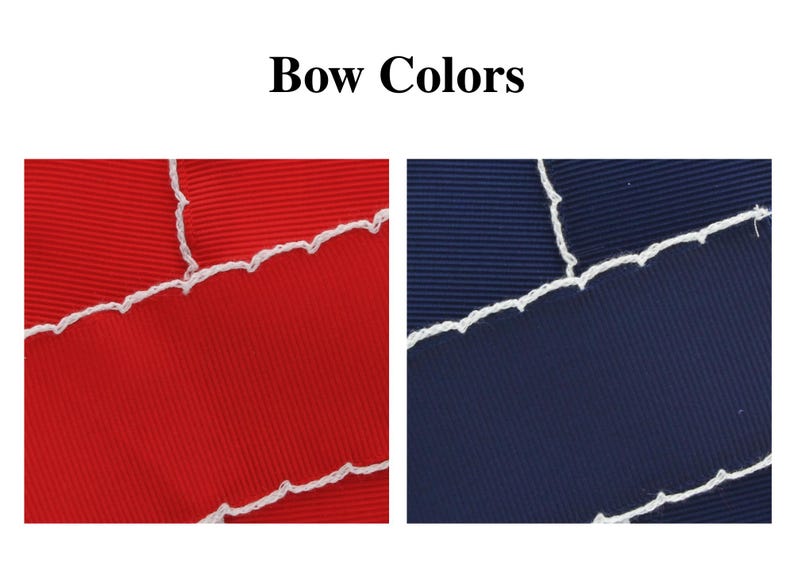 Peut inclure: Le texte Bow Colors appara&icirc;t au-dessus de deux &eacute;chantillons rectangulaires de tissu c&ocirc;tel&eacute;. L'&eacute;chantillon de gauche est rouge vif et celui de droite est bleu marine. Les deux tissus pr&eacute;sentent un bord blanc cousu avec un motif festonn&eacute;.
