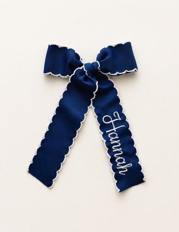 Personalized Navy Moonstitch Bow | Navy School Bow | Back to School Hair Clip | Custom Girl Bow
