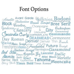 Peut inclure: Une collection de noms de polices d'&eacute;criture affich&eacute;s sous forme de nuage de mots sous le titre Font Options. Le texte est rendu dans une couleur bleu clair avec un effet de broderie, pr&eacute;sentant une grande vari&eacute;t&eacute; de styles serif, sans-serif et script.