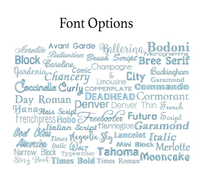 Peut inclure: Une collection de noms de polices d'&eacute;criture affich&eacute;s sous forme de nuage de mots sous le titre Font Options. Le texte est rendu dans une couleur bleu clair avec un effet de broderie, pr&eacute;sentant une grande vari&eacute;t&eacute; de styles serif, sans-serif et script.