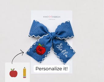 Back to School Denim Bow • Embroidered • Personalized