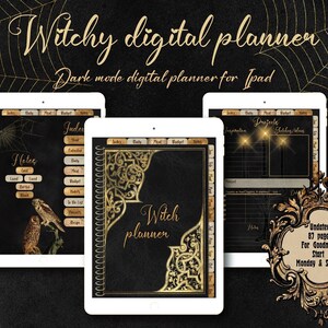 May include: A digital planner app for iPad with a dark mode interface. The cover features a black background with gold ornate designs and the text "Witch planner". The app includes sections for notes, projects, and a daily schedule.