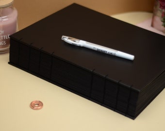 Handmade A4 Large Blackout Journal: Faux Leather Coptic Black Sketchbook
