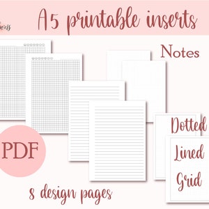 A5 planner inserts printable, minimalist notes pages PDF | lined, grid, dotted notes page | 6 ring planner inserts