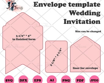 Plantilla de sobre de boda SVG, forro de sobre de invitación SVG, plantilla de sobre y forro Cricut DXF EPS lindo sobre A7 con forro