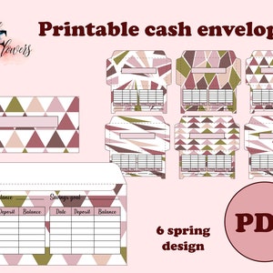 May include: Printable cash envelopes with a geometric pattern in shades of pink, brown, and green. The envelopes have a section for tracking starting balance, savings goal, date, deposit, and balance. The text "6 spring design" and "PDF" are also included in the image.