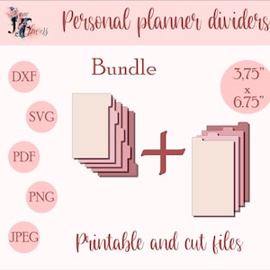 May include: A bundle of printable personal planner dividers in shades of pink and beige. The image includes the text "Personal planner dividers", "Bundle", and "Printable and cut files". The dividers measure 3.75" x 6.75".