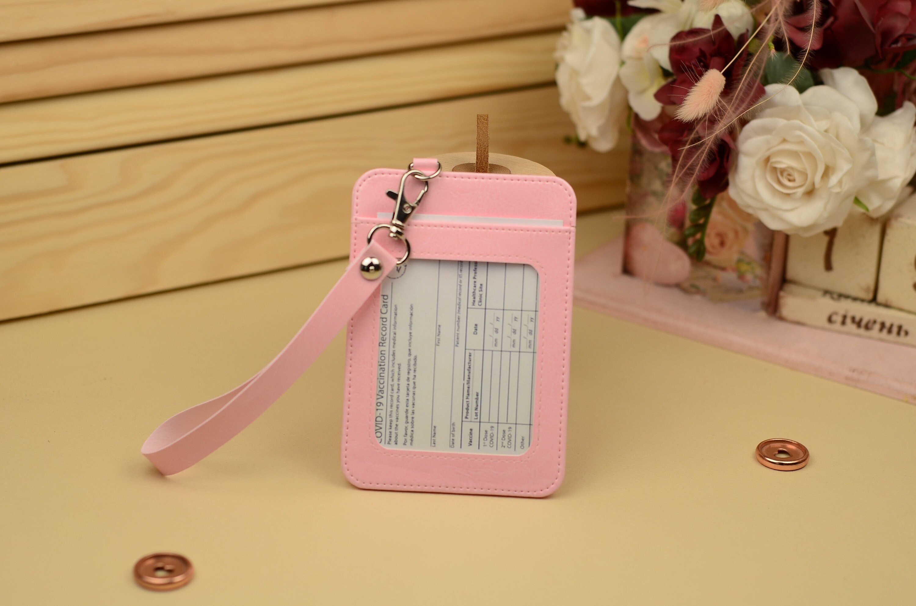 Pink lanyard with id holder cute vaccine card case vertical Etsy