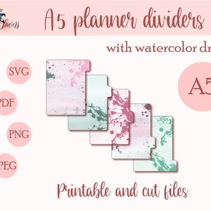 Aquarell A5 Planer-Teiler, printable journaling Lieferungen, Planervorlagen SVG, Registerteiler, Planervorlagen für Cricut, SVG, PDF