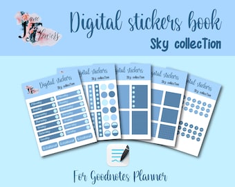 May include: Digital sticker book for Goodnotes Planner with a sky theme. The stickers include a daily planner, a dot grid, a grid with squares, and a page of circles.