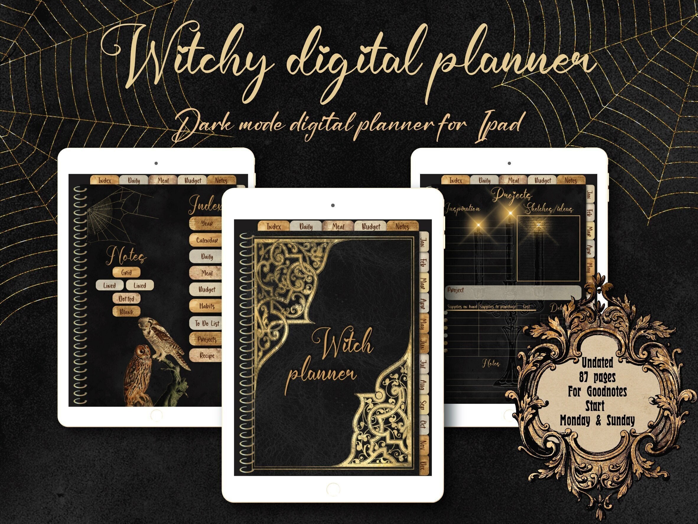 Witchy Planner, Undated Dark Mode Weekly Digital Planner for Ipad, Goth ...