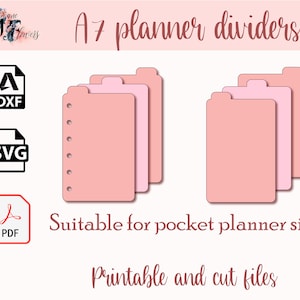 May include: A7 planner dividers in pink and white, suitable for pocket planner size. Printable and cut files are available in PDF, SVG, and DXF formats.