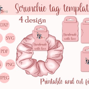 Modelo de cartão de exibição de scrunchie, etiqueta de scrunchie SVG, suporte para faixa de cabeça, embalagem feita à mão, etiqueta de preço personalizável, suporte para elástico de cabelo, scrunchie faça você mesmo