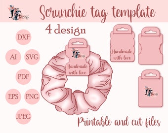 Pode incluir: Modelo de etiqueta para scrunchie imprimível com quatro designs. As etiquetas são cor-de-rosa e apresentam o texto "Handmade with love" e um logotipo floral. Os tipos de ficheiro incluídos são DXF, AI, SVG, PDF, EPS, PNG e JPEG.