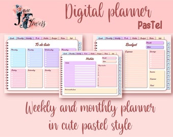 May include: A digital planner with pastel colors and sections for goals, monthly, weekly, to do lists, habits, budget, notes, and info. The planner has a weekly section with Monday through Sunday and a budget section with expense, savings, income, expense, and total.