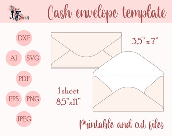 Peut inclure: Modèle d'enveloppe à argent imprimable en rose et blanc avec une taille d'enveloppe de 3,5 pouces par 7 pouces et une taille de feuille de 8,5 pouces par 11 pouces. Le texte "Modèle d'enveloppe à argent" est en haut de l'image. Le texte "Fichiers imprimables et découpables" est en bas de l'image. L'image comprend également une liste de types de fichiers : DXF, AI, SVG, PDF, EPS, PNG et JPEG.
