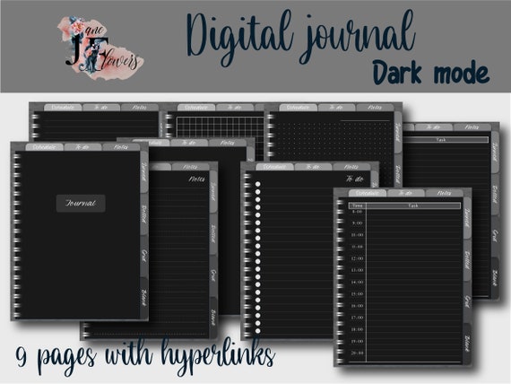 Goodnotes journal dark mode, cute digital notes, linned journal, dotted iPad notebook, black digital bullet journal with hyperlinks tabs